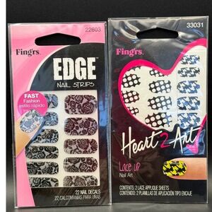 Fingrs Edge Nail Strips Heart 2 Art Lace Up Black White FloralPolka Dot 22 Count